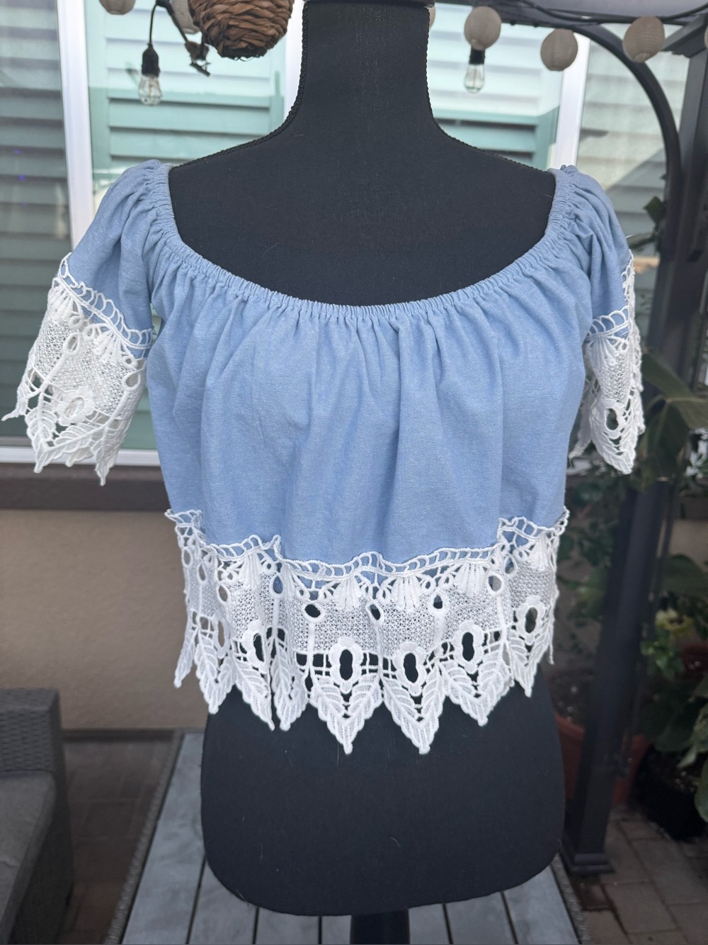 iris Light Blue Off-Shoulder Crop Top with White Crochet Trim